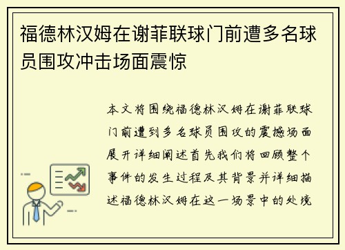福德林汉姆在谢菲联球门前遭多名球员围攻冲击场面震惊
