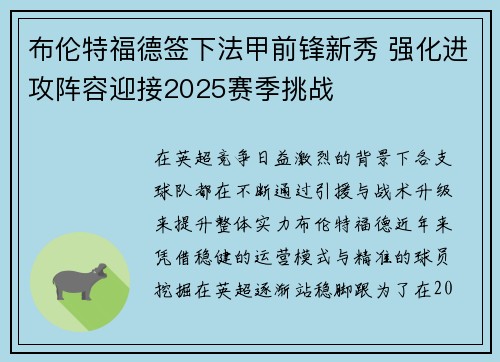布伦特福德签下法甲前锋新秀 强化进攻阵容迎接2025赛季挑战 布伦特福德签下法甲前锋新秀 强化进攻阵容迎接2025赛季挑战